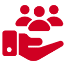 Red hand holding three people icons.